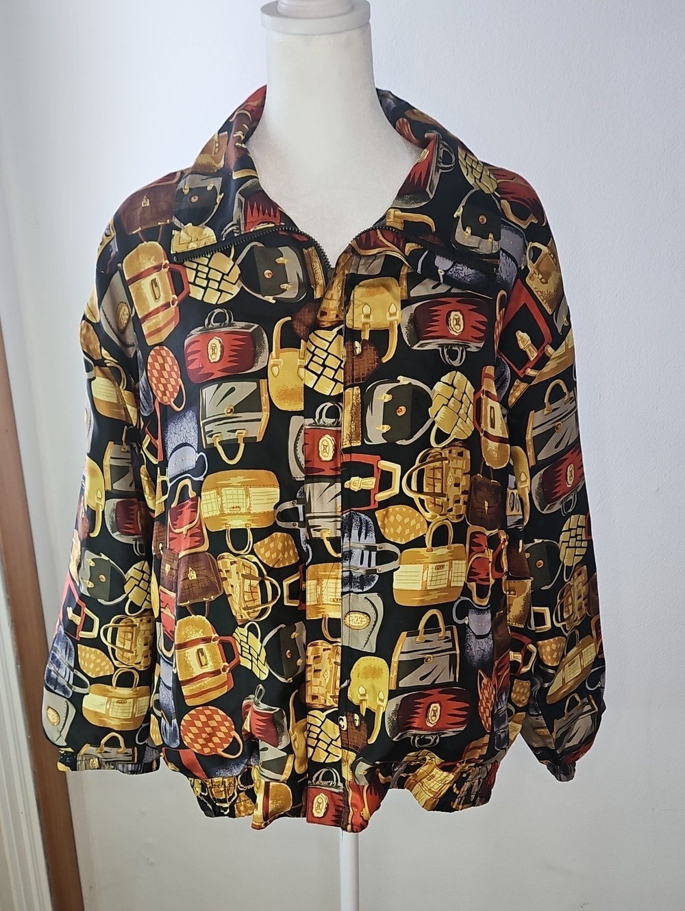 Fuda International Silk Black Bomber Jacket with Gold and Red Bag Print
